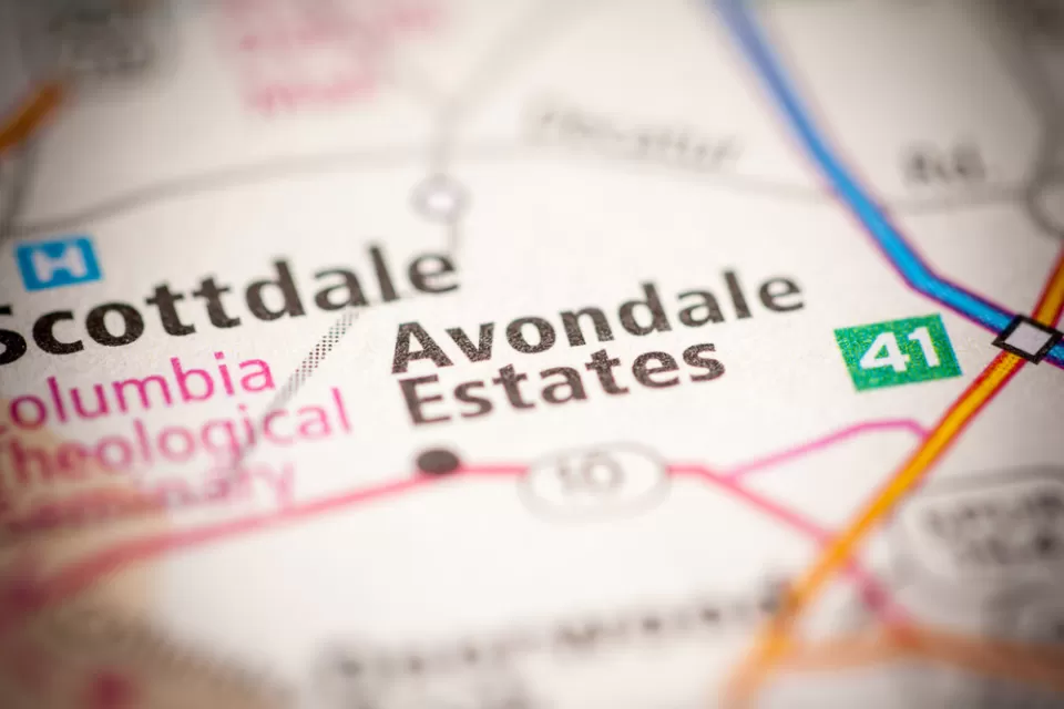 A map highlighting the location fo Avondale Estates in Georgia.